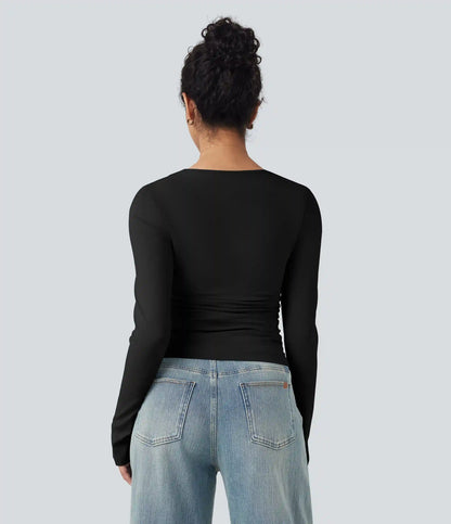 Square Neck Split Long Sleeve Ruched Slim Casual Top