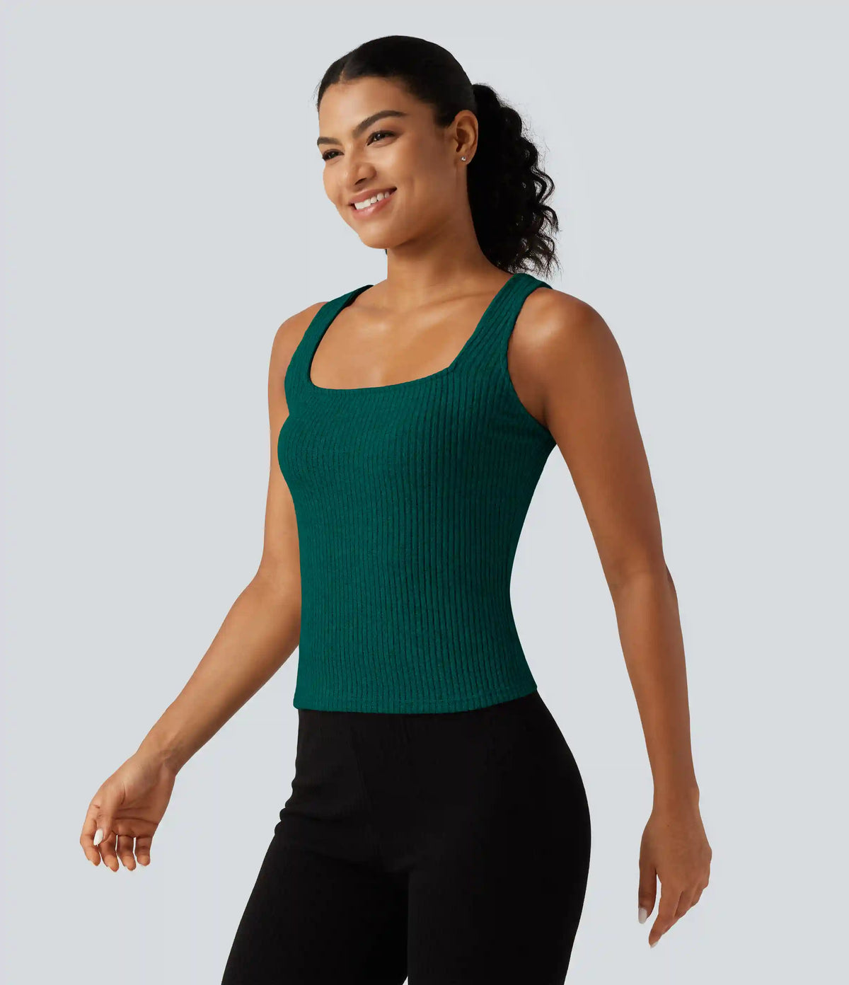 Ribbed Knit Square Neck Casual Tank Top