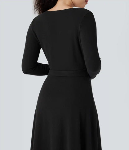 Ribbed Knit V-neck Long Sleeve Belted Midi Work Flowy Dress