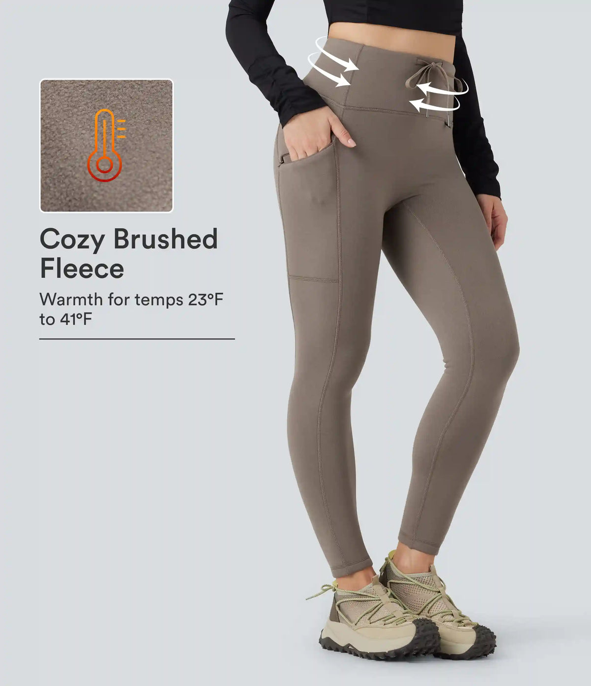 High Waisted Drawstring Fleece 7/8 Hiking Leggings with Pocket