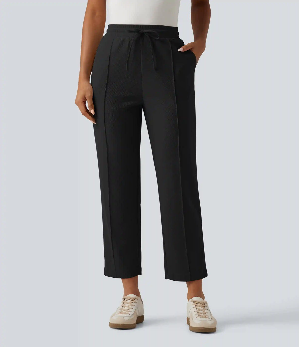 High Waisted Drawstring Tapered Pintuck Work Pants with Pockets
