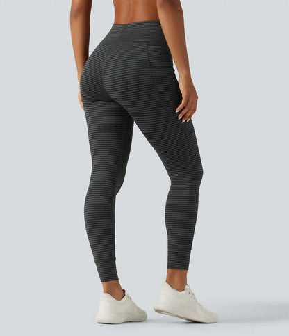 High Waisted Butt Lifting Drawstring Stripe Yoga Leggings with Pockets