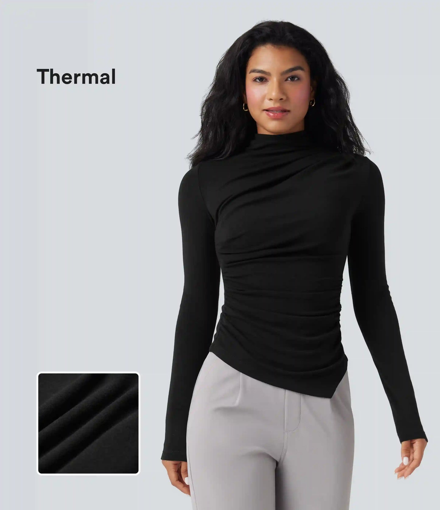 Mock-neck Long Sleeve Ruched Asymmetric Hem Thermal Casual Top
