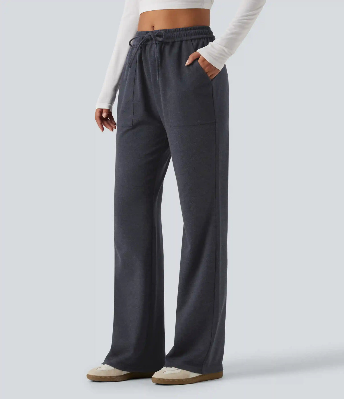 Mid Rise Drawstring Bootcut Work Pants with Pockets