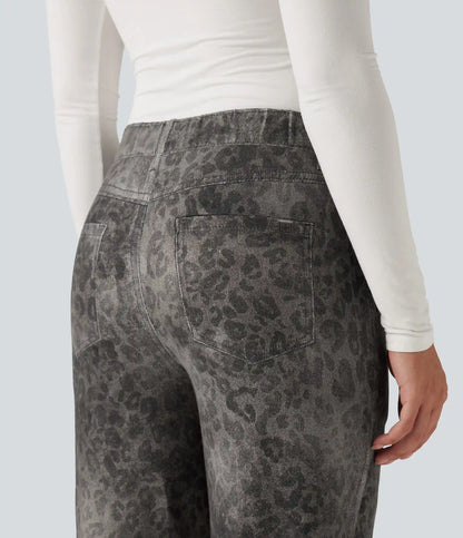 Mid Rise Wide Leg Leopard Denim Print French Terry Casual Sweatpants Jeans with Pockets