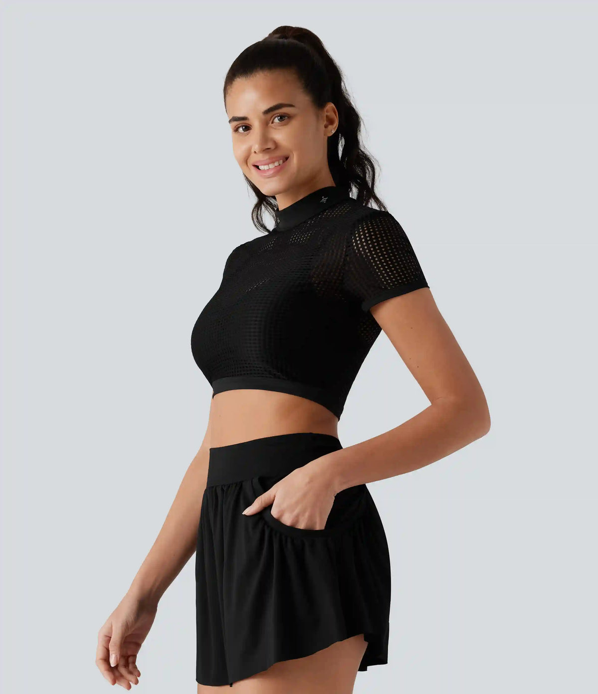 Mock Neck Short Sleeve Eyelet Cropped Running Sports Top-No Sports Bra Included