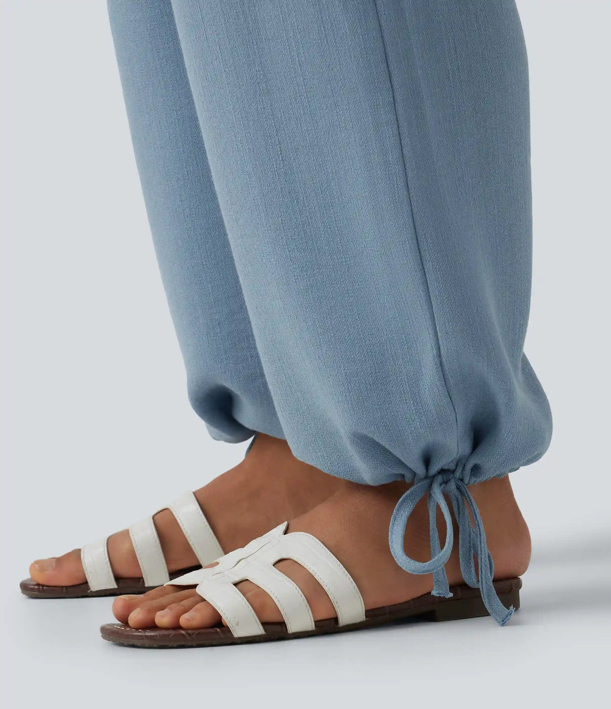 High Waisted Drawstring Wide Leg Casual Linen-Feel Joggers with Pockets