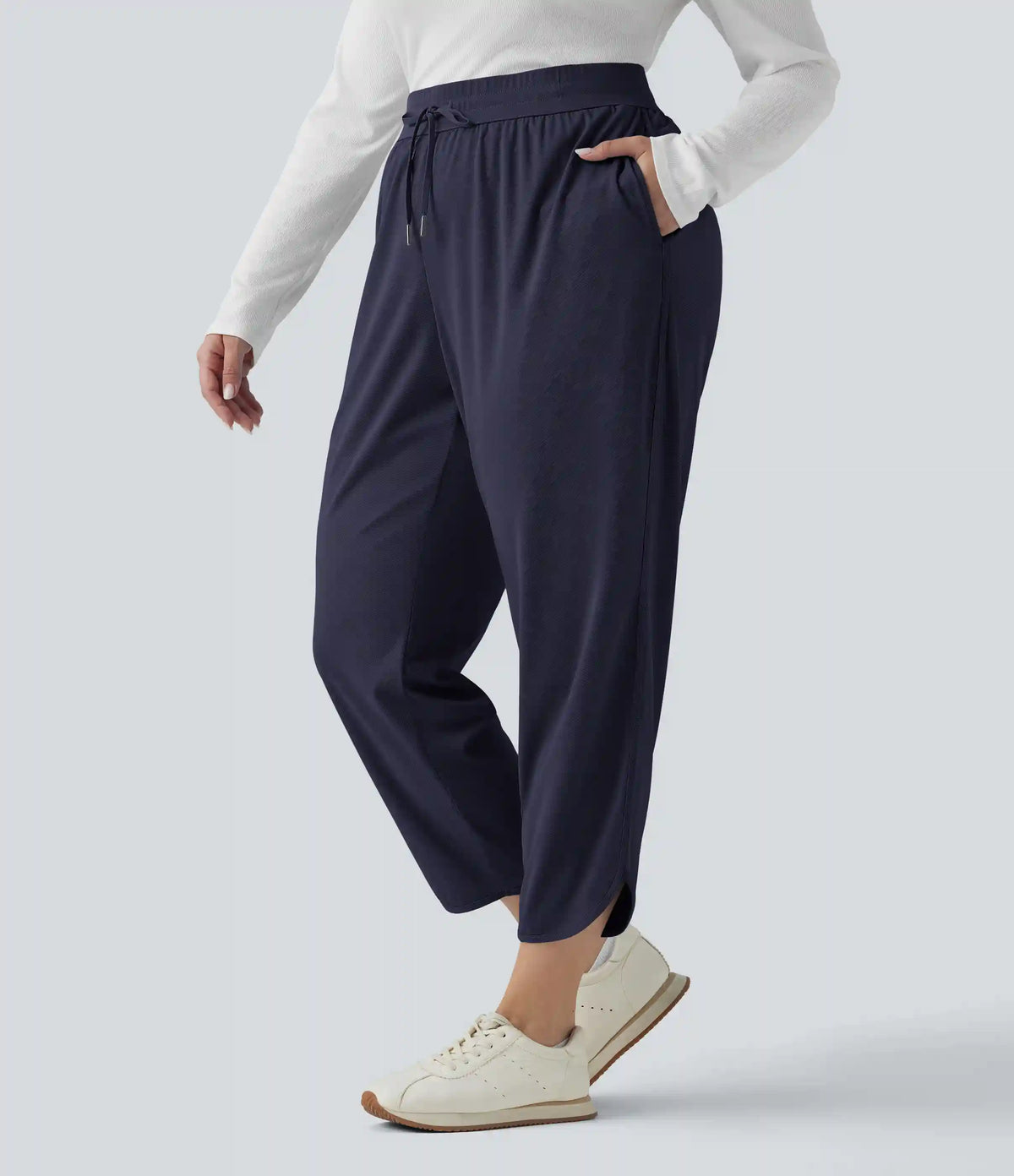Plus Size Mid Rise Drawstring Curved Hem Quick Dry Golf Tapered Pants with Pockets-UPF40+