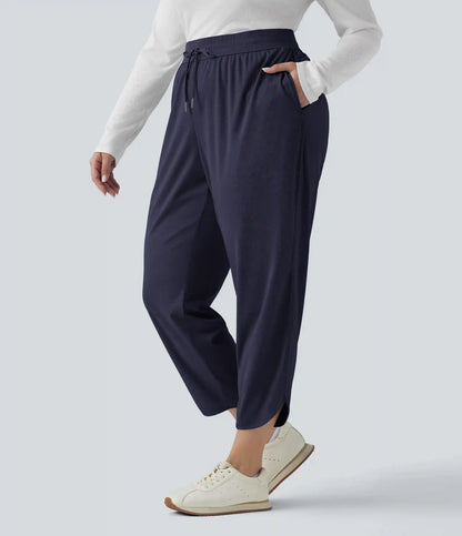Plus Size Mid Rise Drawstring Curved Hem Quick Dry Golf Tapered Pants with Pockets-UPF40+
