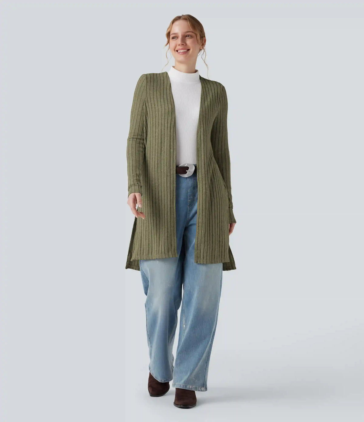 Ribbed Knit Long Sleeve Split Casual Cardigan