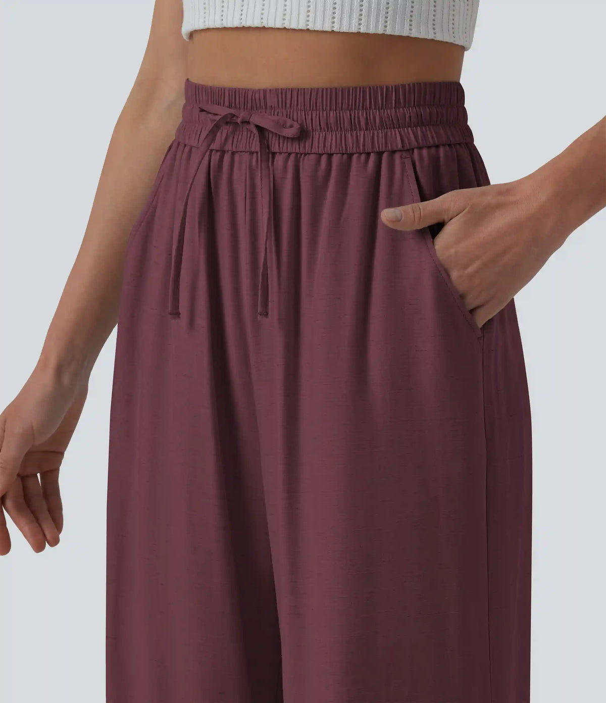 High Waisted Drawstring Wide Leg Casual Linen-Blend Pants with Pockets