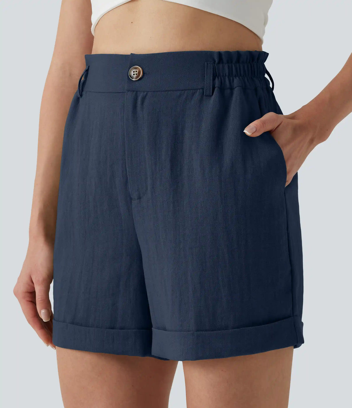 High Waisted Rolled Hem Linen-Feel Resort Shorts 5'' with Pockets