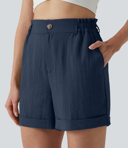 High Waisted Rolled Hem Linen-Feel Resort Shorts 5'' with Pockets