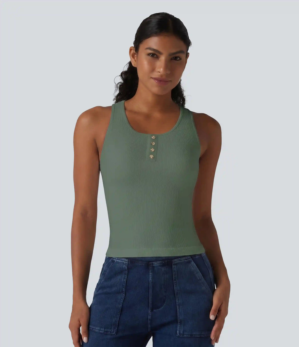 Ribbed Knit Round Neck Built-in Bra Casual Tank Top