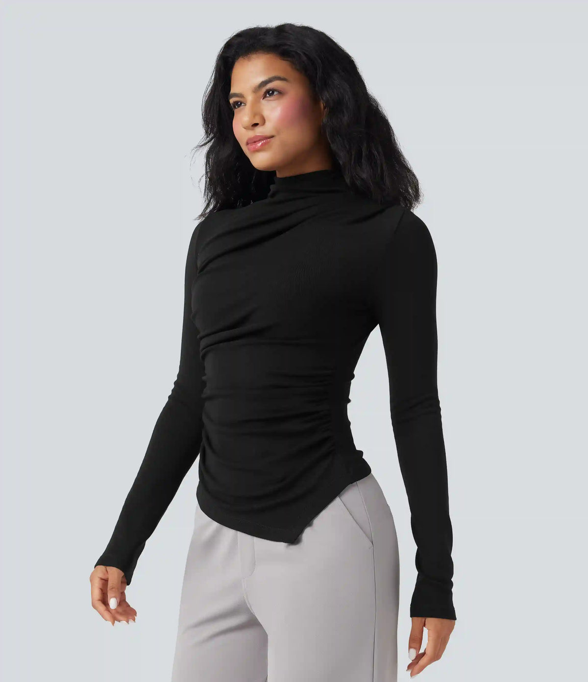 Mock-neck Long Sleeve Ruched Asymmetric Hem Thermal Casual Top