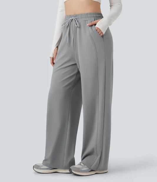 High Waisted Drawstring Straight Leg Yoga Pants with Pockets