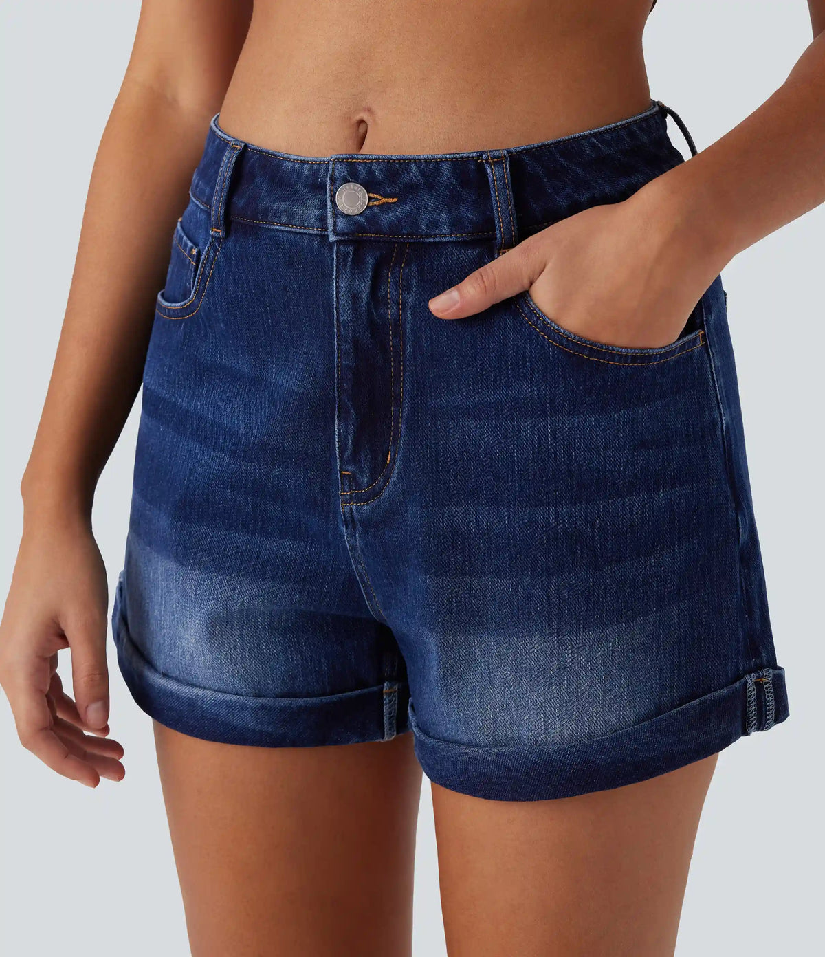 Halara Flex™ Mid Rise Zipper Pockets Denim Casual Shorts 3''