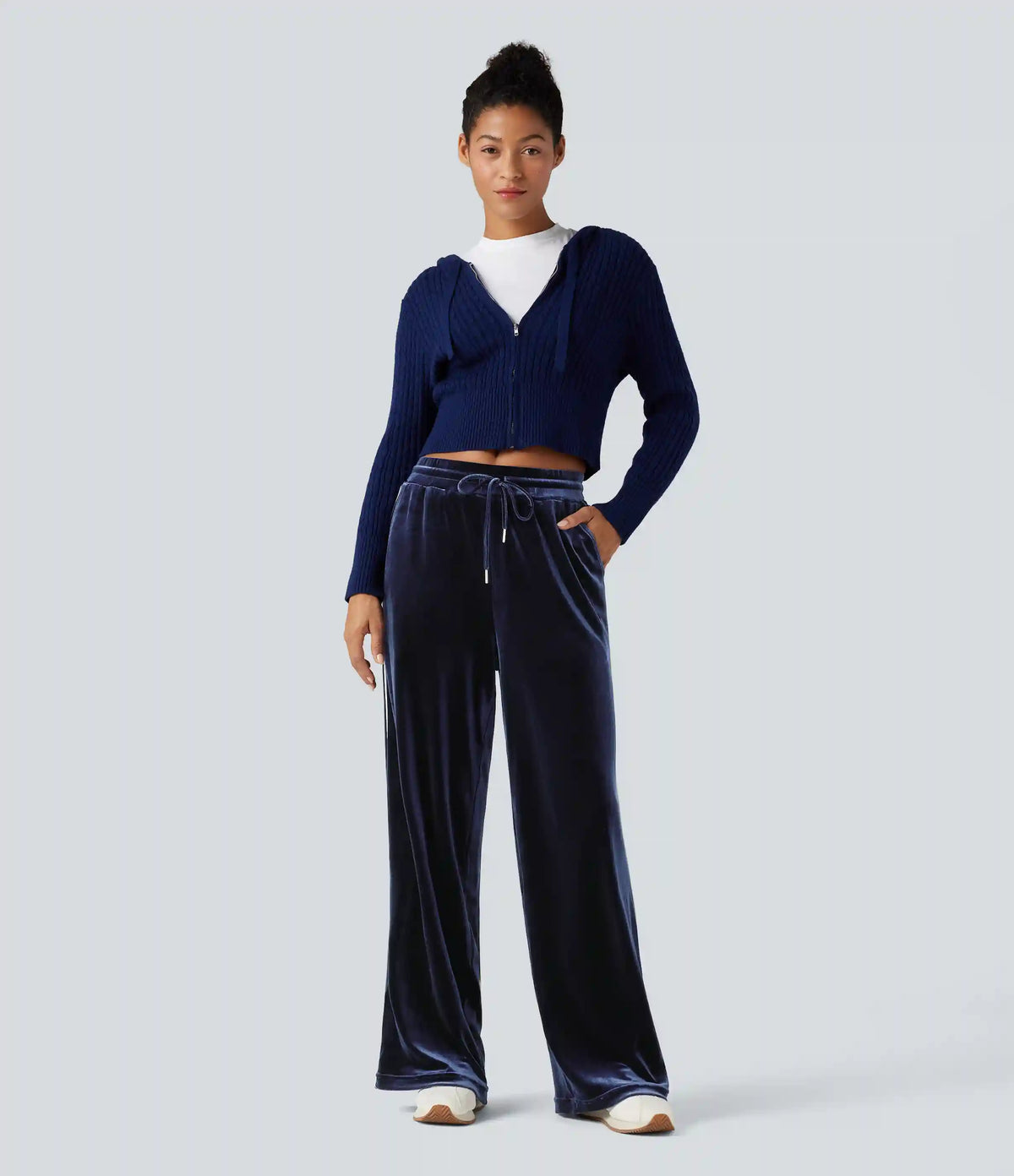 Mid Rise Drawstring Straight Leg Velvet Casual Pants with Pockets