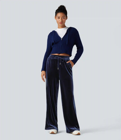 Mid Rise Drawstring Straight Leg Velvet Casual Pants with Pockets