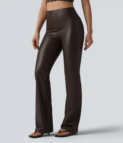 High Waisted Bootcut Stretchy PU Casual Pants with Pockets