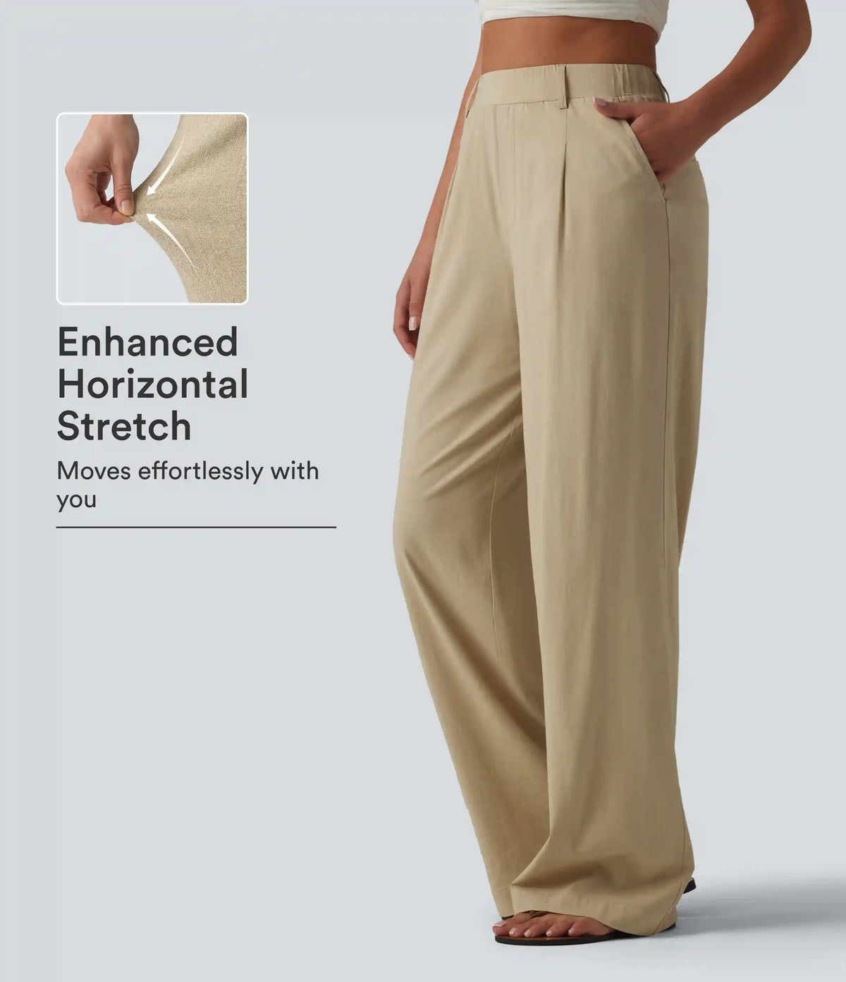 High Waisted Straight Leg Casual Stretch Linen Pants with Pockets