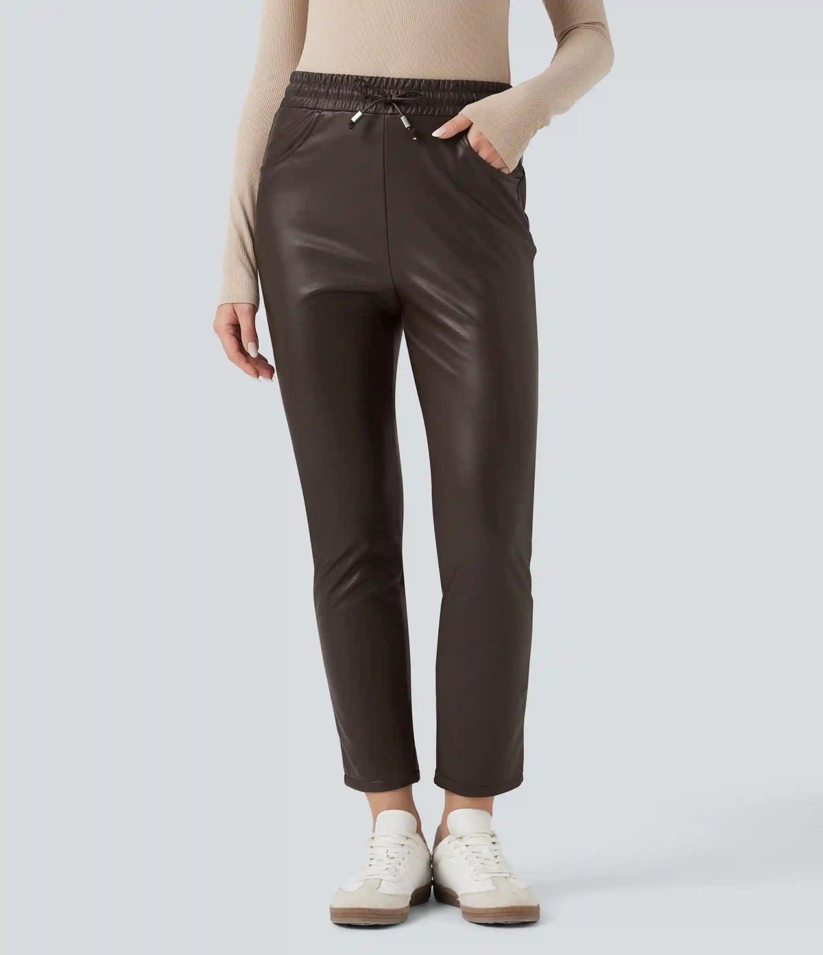 High Waisted Drawstring Stretchy PU Fleece 7/8 Casual Tapered Pants with Pockets
