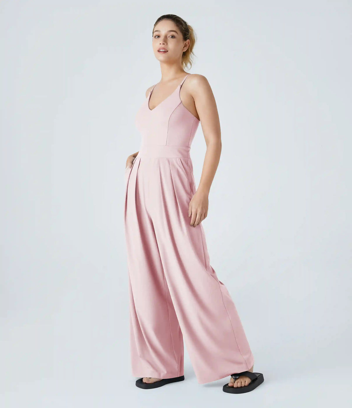 V-Neck Backless Invisible Zipper 2-in-1 Casual Slip Baggy Jumpsuit with Pockets