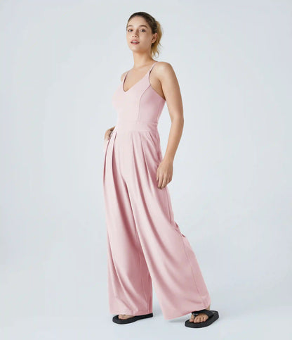 V-Neck Backless Invisible Zipper 2-in-1 Casual Slip Baggy Jumpsuit with Pockets