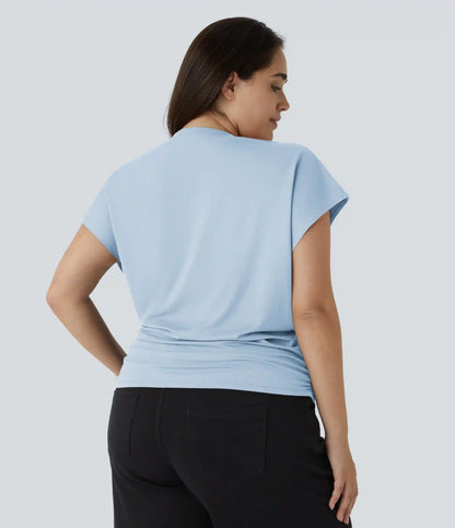 V Neck Cap Sleeve Crossover Ruched Solid Work Plus Size Blouse