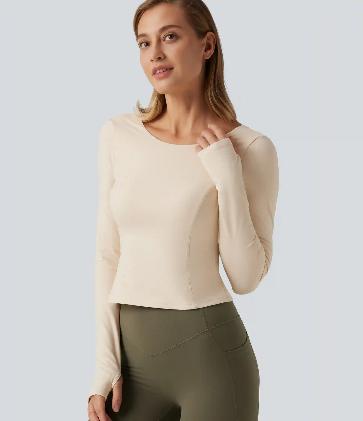 SoftlyZero™ Plush Round Neck Thumb Hole Long Sleeve Yoga Sports Top with Built-in Bra