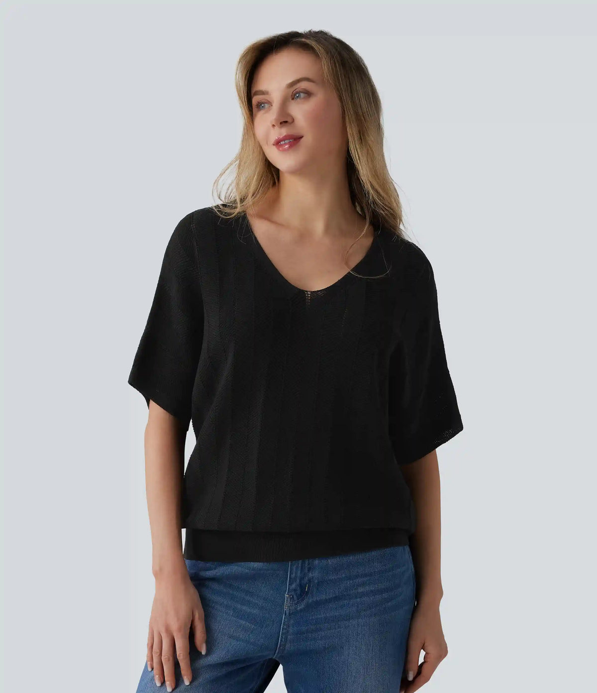 V Neck Short Sleeve Casual Sweater