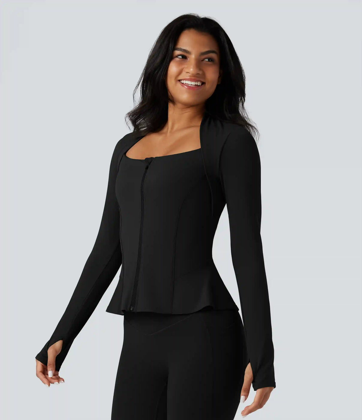 Halara UltraSculpt™ Push-Up Long Sleeve Thumb Hole Zipper Ruffle Hem Yoga Curvy Jacket