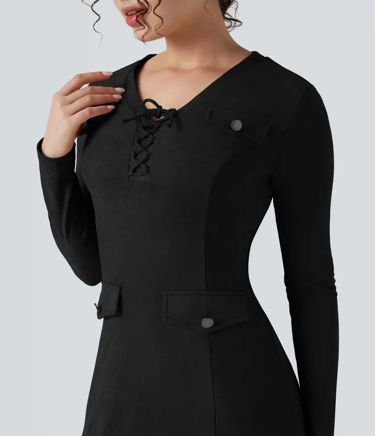 Lace-up V-neck Long Sleeve Midi Suede Work Dress