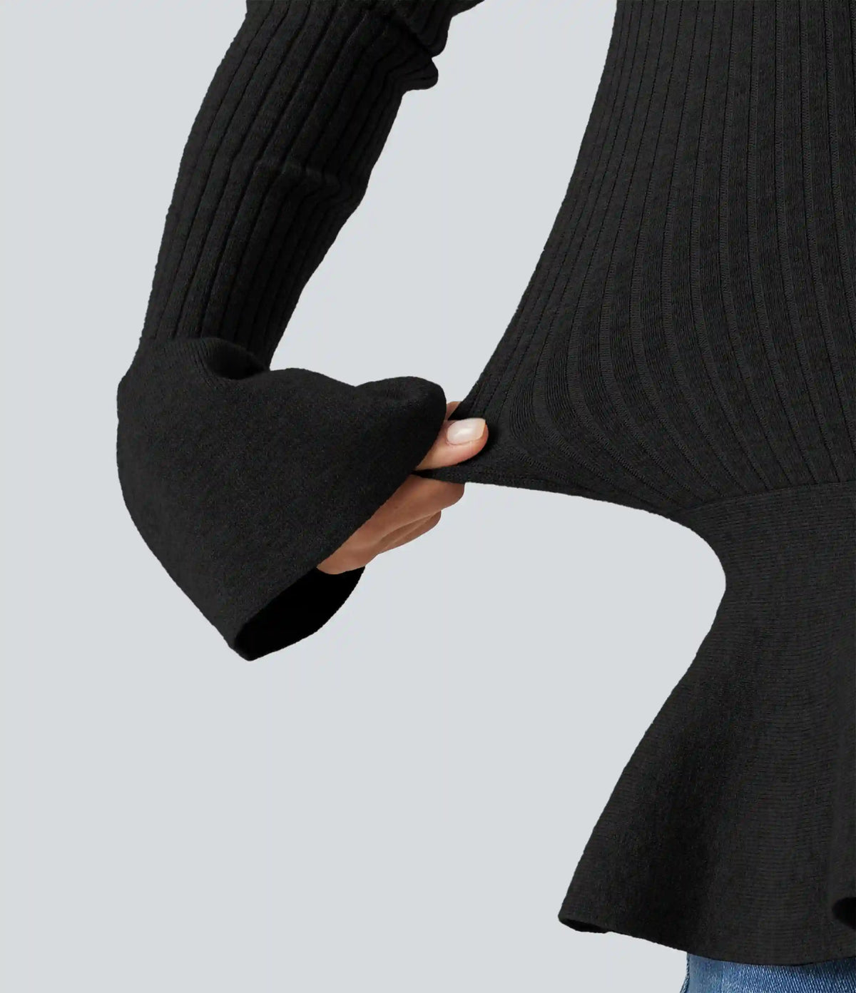 Round Neck Long Sleeve Ruffle Hem Slim Work Sweater