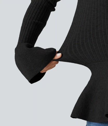 Round Neck Long Sleeve Ruffle Hem Slim Work Sweater