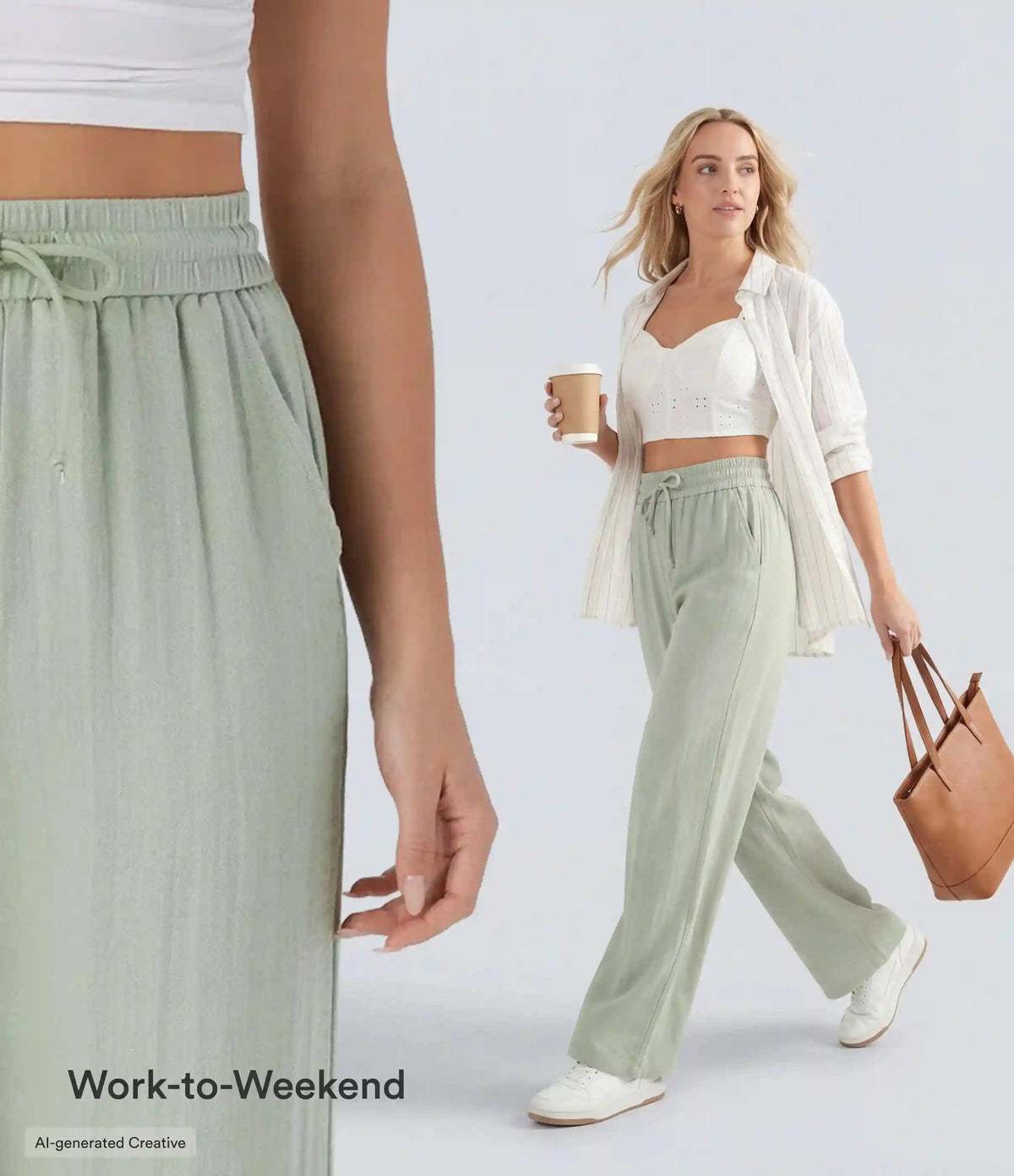 High Waisted Drawstring Pocket Wide Leg Baggy Casual Linen-Feel Pants
