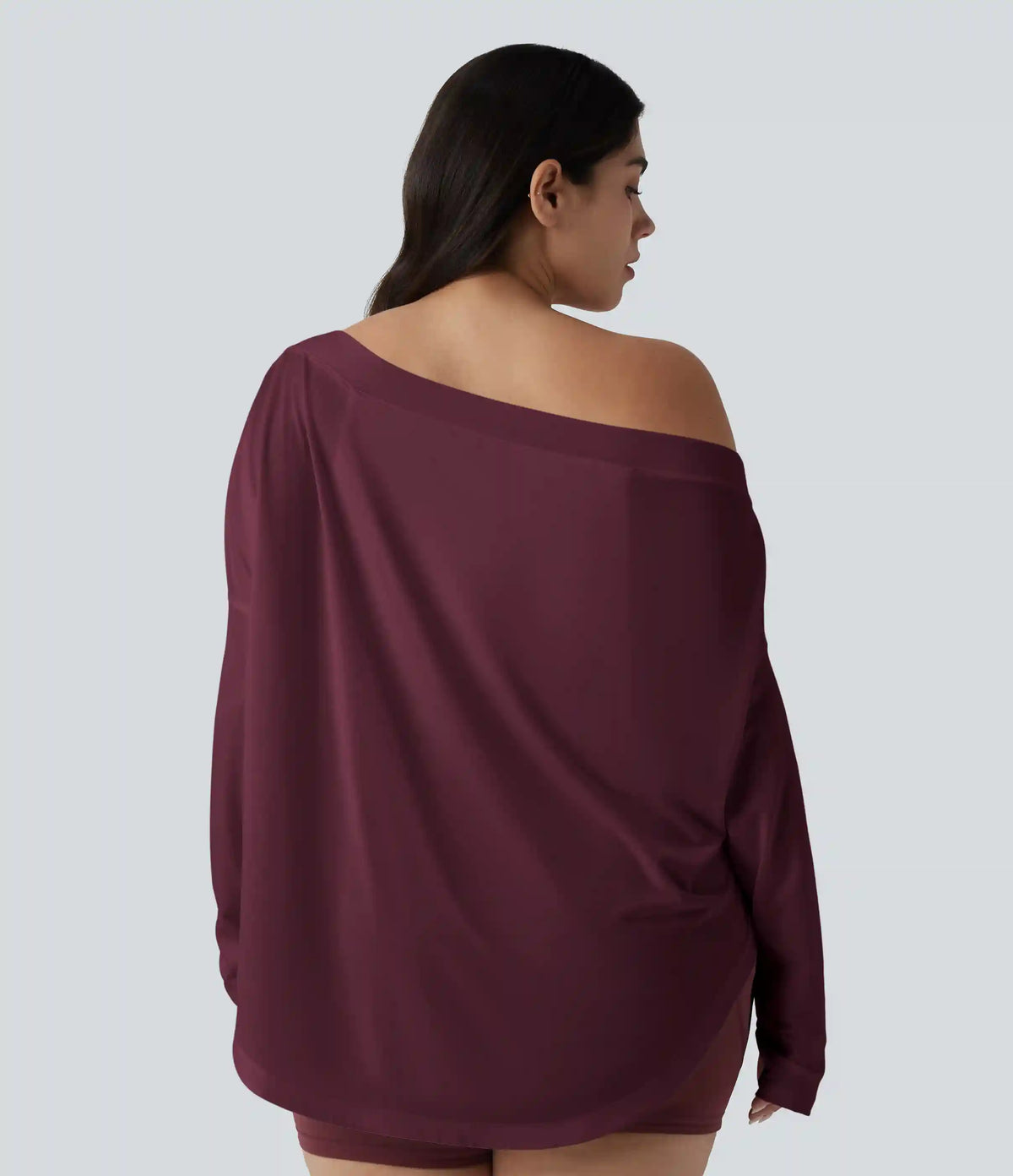 One Shoulder Long Sleeve Thumb Hole Curved Hem High Low Quick Dry Yoga Plus Size Sports Top-Built-in Bra