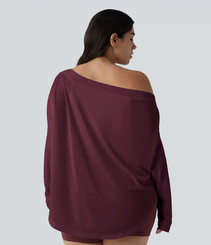 One Shoulder Long Sleeve Thumb Hole Curved Hem High Low Quick Dry Yoga Plus Size Sports Top-Built-in Bra
