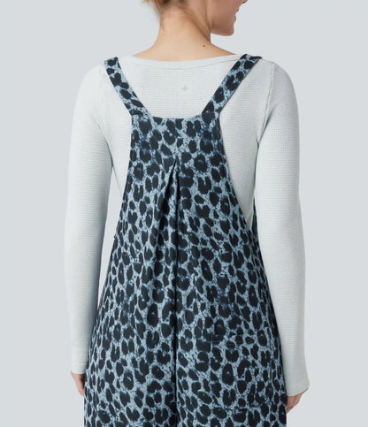 Leopard Print Waffle Casual Overalls with Pockets
