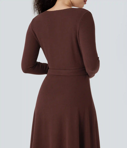 Ribbed Knit V-neck Long Sleeve Belted Midi Work Flowy Dress