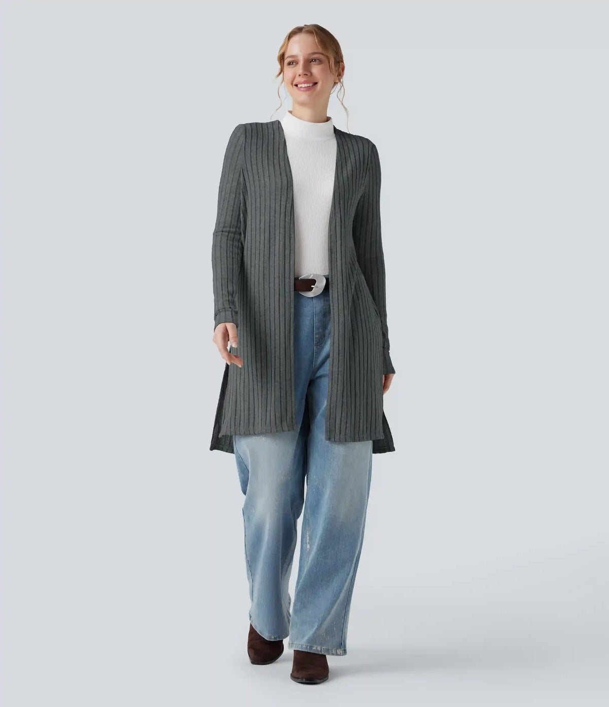 Ribbed Knit Long Sleeve Split Casual Cardigan