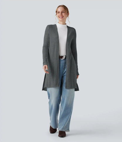 Ribbed Knit Long Sleeve Split Casual Cardigan