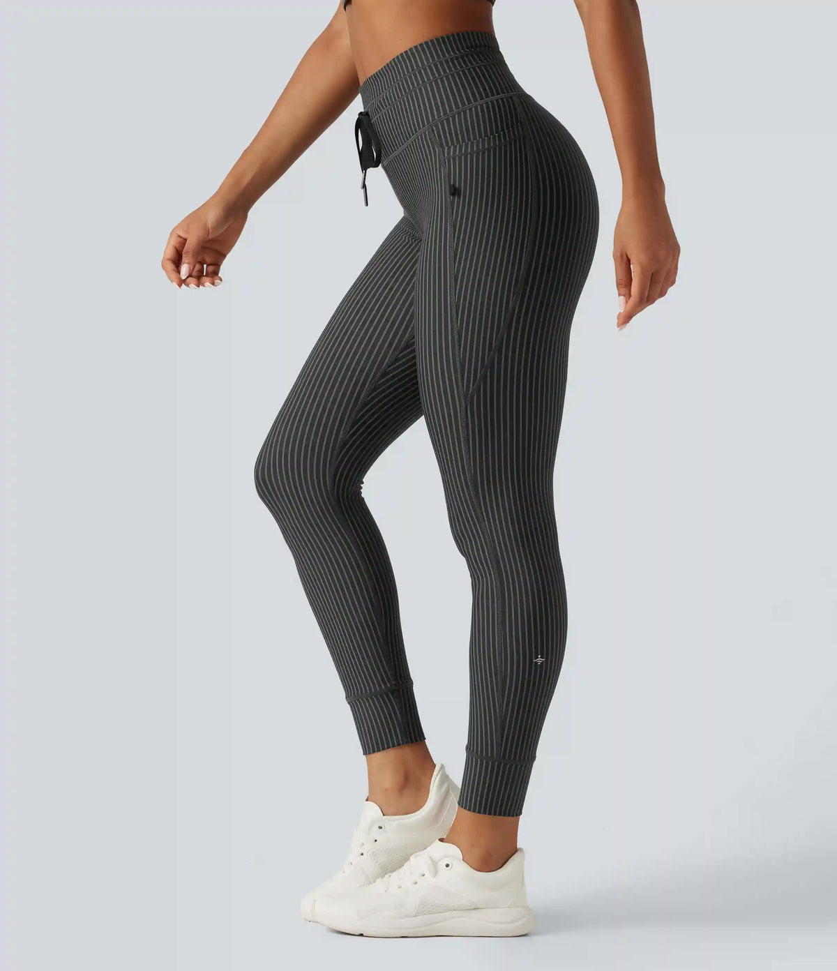 High Waisted Drawstring Stripe Yoga Leggings with Pockets