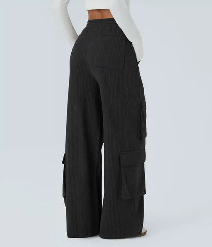 Ribbed Mid Rise Drawstring Pockets Wide Leg Cargo Casual Pants