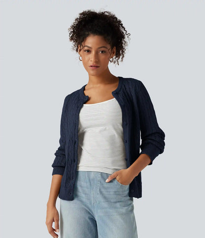 Round Neck Long Sleeve Work Cardigan