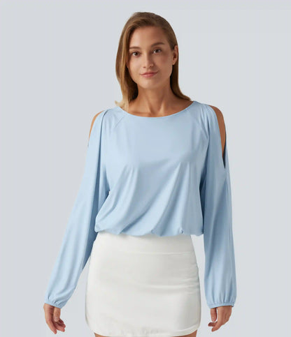 Quick Dry Boat Neck Cold Shoulder Long Sleeve Yoga Sports Top