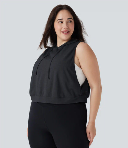Hooded Drawstring Sleeveless Cropped Running Plus Size Tank Top