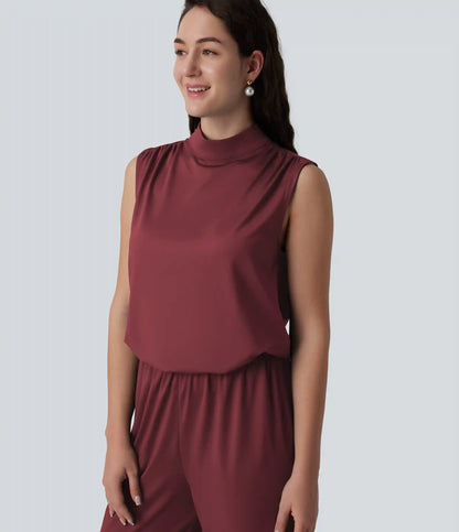 Stand Collar Sleeveless Straight Leg Bridesmaid And Wedding Guest Jumpsuit with Pockets-Easy Peezy
