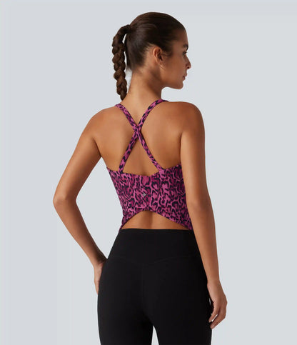 Halara UltraSculpt™ Leopard Print Scoop Neck Built-in Bra Crossover Hem Yoga Tank Top