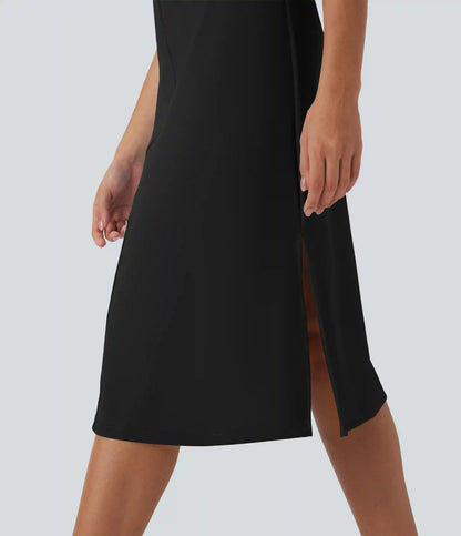 U Neck Zipper Split Knee Length Hiking Active Dress